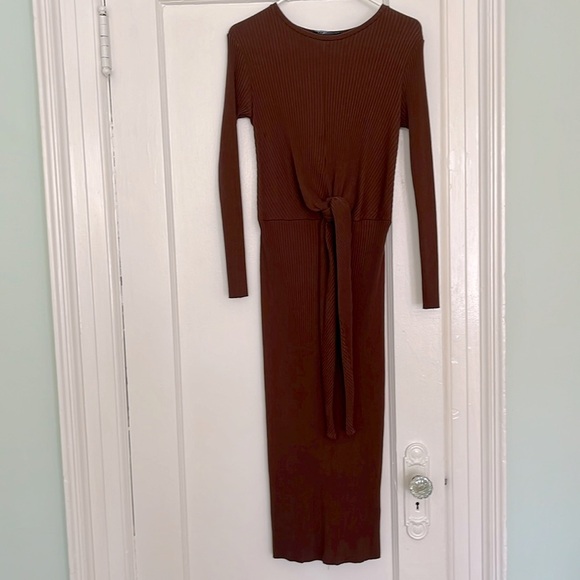 ZARA LONG KNIT MIDI BELTED WRAP DRESS CHOCOLATE BROWN - Picture 4 of 7